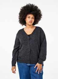 Kort strikket cardigan med blomsterknapper, Dark Grey Melange, Model