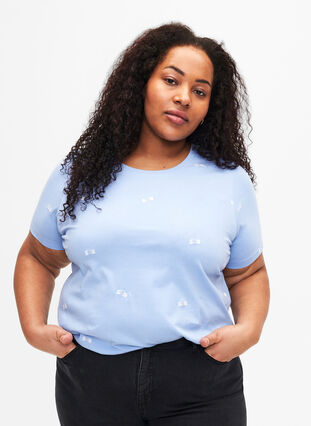 Zizzi T-skjorte i økologisk bomull med sløyfer, Serenity W. Bow Emb., Model image number 0