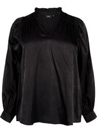 Langermet bluse med volanger og V-hals, Black