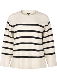 Strikket bluse med rund hals og striper, Birch w. Black