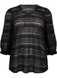 Bluse med hullmønster og 3/4-ermer, Black