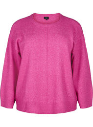 Strikket bluse med rund hals og midtsøm, Fuchsia Red Mel.